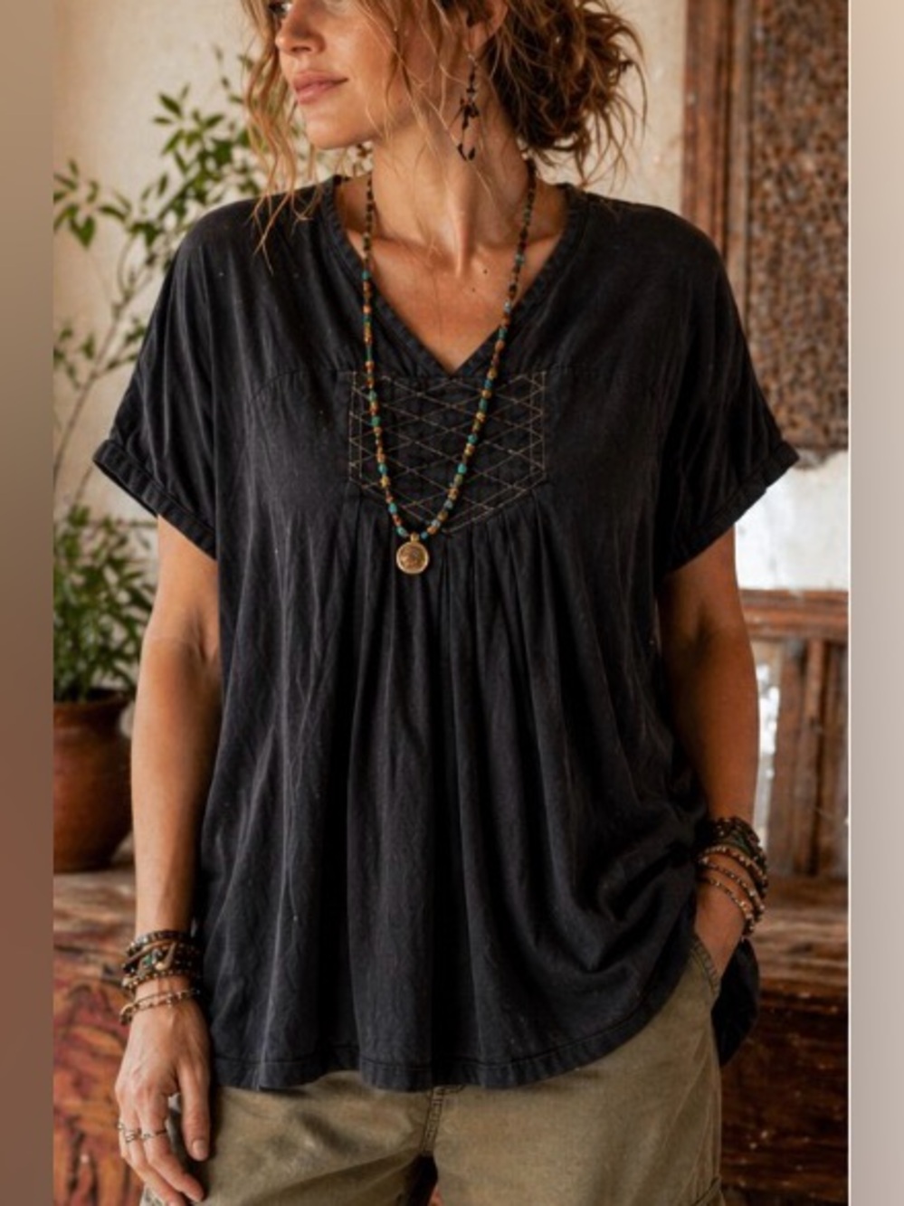 Johnny Was Calmé Hemp Organic Cotton Tunic Top Boho Minimalist Relaxed S